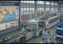 Factory assembly line with workers in blue uniforms, conveyors and machinery, and stacked blue barrels on pallets, beside a wall chart titled Global Supply Chain and Conflict showing shipping routes.