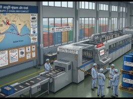 Iran War Triggers Condom Shortage And Raises HIV Concerns in India Factory assembly line with workers in blue uniforms, conveyors and machinery, and stacked blue barrels on pallets, beside a wall chart titled Global Supply Chain and Conflict showing shipping routes.