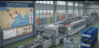 Factory assembly line with workers in blue uniforms, conveyors and machinery, and stacked blue barrels on pallets, beside a wall chart titled Global Supply Chain and Conflict showing shipping routes.