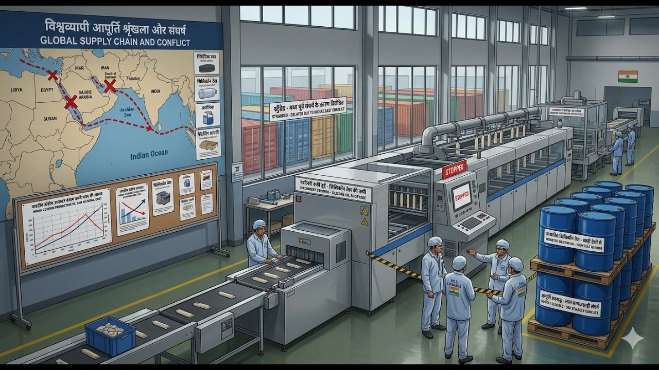Factory assembly line with workers in blue uniforms, conveyors and machinery, and stacked blue barrels on pallets, beside a wall chart titled Global Supply Chain and Conflict showing shipping routes.