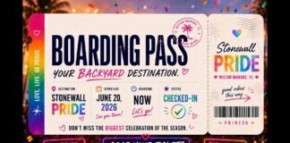 Boarding pass-style promo for Stonewall Pride, with rainbow colors, large 'BOARDING PASS' text, destination Stonewall Pride, date June 20, 2026, and a right-side ticket with barcode