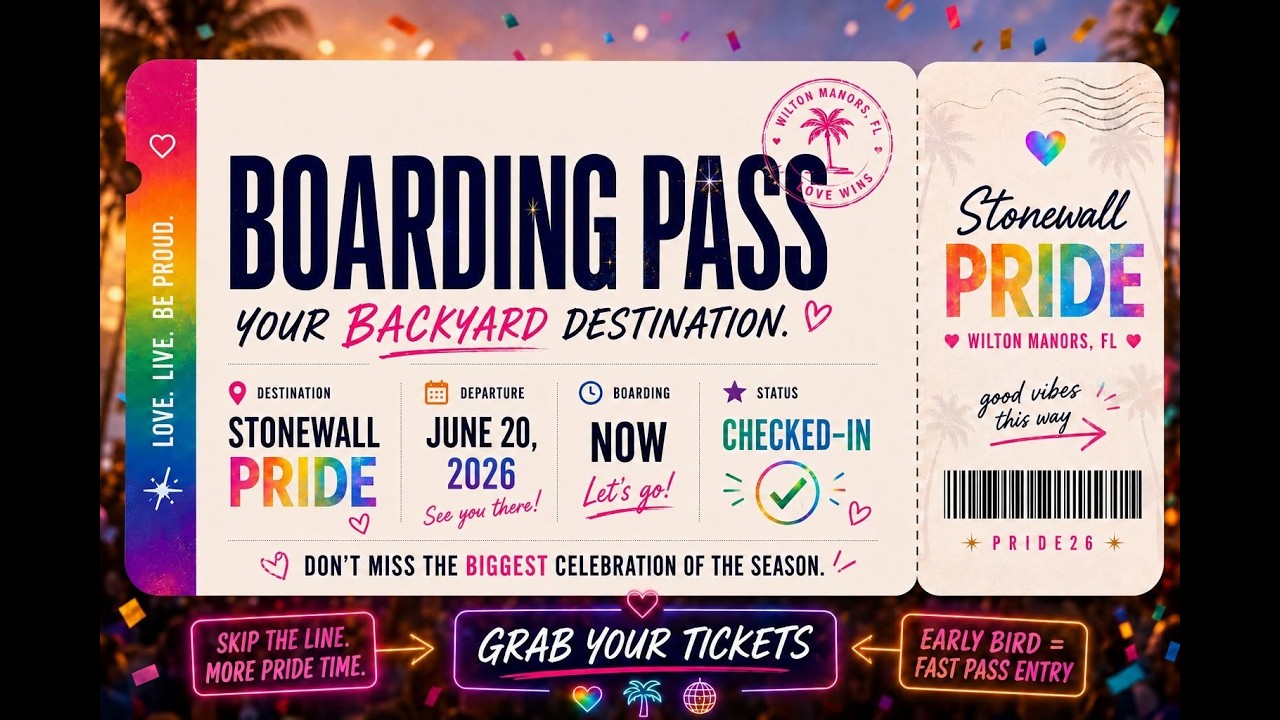 Boarding pass-style promo for Stonewall Pride, with rainbow colors, large 'BOARDING PASS' text, destination Stonewall Pride, date June 20, 2026, and a right-side ticket with barcode