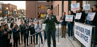 Speaker in a green suit addresses a crowd from outdoor steps at a political rally, supporters nearby with signs like 'Vote for Change' and 'Campaign for Local Office'.
