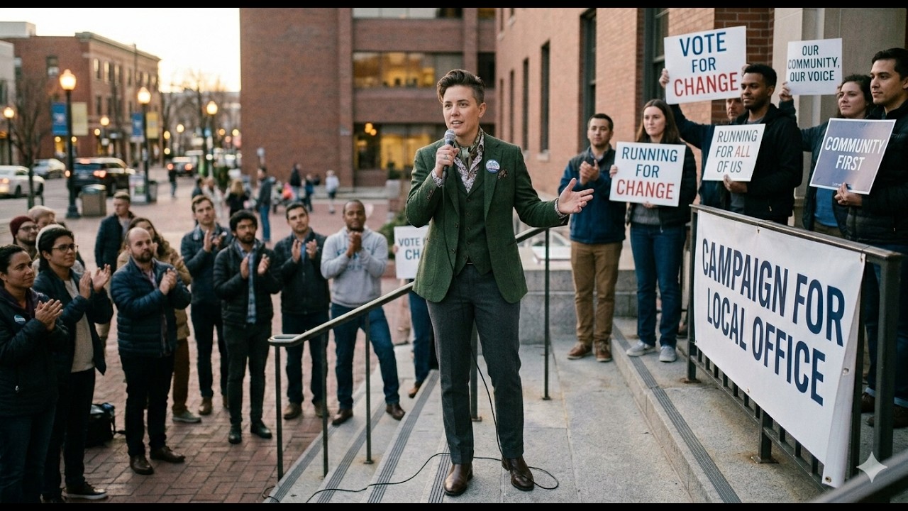 Speaker in a green suit addresses a crowd from outdoor steps at a political rally, supporters nearby with signs like 'Vote for Change' and 'Campaign for Local Office'.