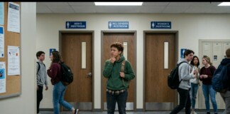 Students stand in a school hallway in front of three restroom doors labeled Men’s, All-Gender, and Women’s.