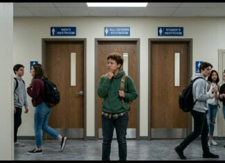 Students stand in a school hallway in front of three restroom doors labeled Men’s, All-Gender, and Women’s.
