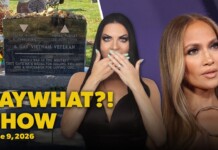 The FayWhat?! Show for the week of June 9, 2026| FayWhat?! Thumbnail for a gossip show: left Pride flags and a memorial stone, center a woman covering her mouth, right a glamorous woman; yellow title 'FAY WHAT?! SHOW' and date June 9, 2026.