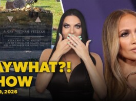 Thumbnail for a gossip show: left Pride flags and a memorial stone, center a woman covering her mouth, right a glamorous woman; yellow title 'FAY WHAT?! SHOW' and date June 9, 2026.