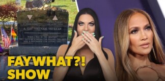 The FayWhat?! Show for the week of June 9, 2026| FayWhat?! Thumbnail for a gossip show: left Pride flags and a memorial stone, center a woman covering her mouth, right a glamorous woman; yellow title 'FAY WHAT?! SHOW' and date June 9, 2026.