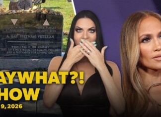 Thumbnail for a gossip show: left Pride flags and a memorial stone, center a woman covering her mouth, right a glamorous woman; yellow title 'FAY WHAT?! SHOW' and date June 9, 2026.