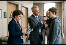 Idaho Officials Says DNA Testing Could Be Used To Enforce Trans Bathroom Law A man in a suit administers a throat swab test to a young man in a hallway while a woman with a clipboard watches nearby.