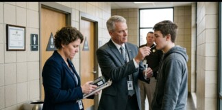 A man in a suit administers a throat swab test to a young man in a hallway while a woman with a clipboard watches nearby.