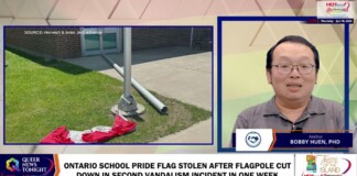 Split-screen news broadcast: left shows a red-and-white pride flag on grass near a flagpole base; right shows anchor Bobby Huen, PhD reporting from the studio.