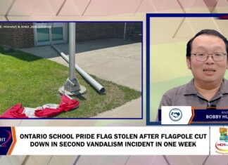 Split-screen news broadcast: left shows a red-and-white pride flag on grass near a flagpole base; right shows anchor Bobby Huen, PhD reporting from the studio.