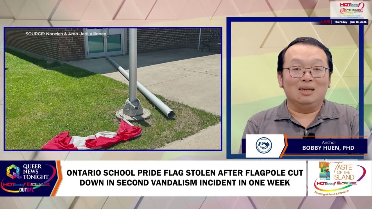 Split-screen news broadcast: left shows a red-and-white pride flag on grass near a flagpole base; right shows anchor Bobby Huen, PhD reporting from the studio.