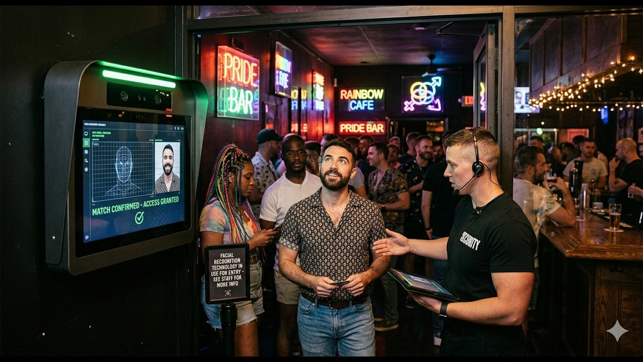 Castro Gay Bars Face Privacy Concerns Over Face-Scanning ID Systems and Shared Patron Data Crowded neon-lit bar scene with Pride signs; a man in a patterned shirt listens to a staffer holding a tablet near a facial-recognition kiosk on the left.