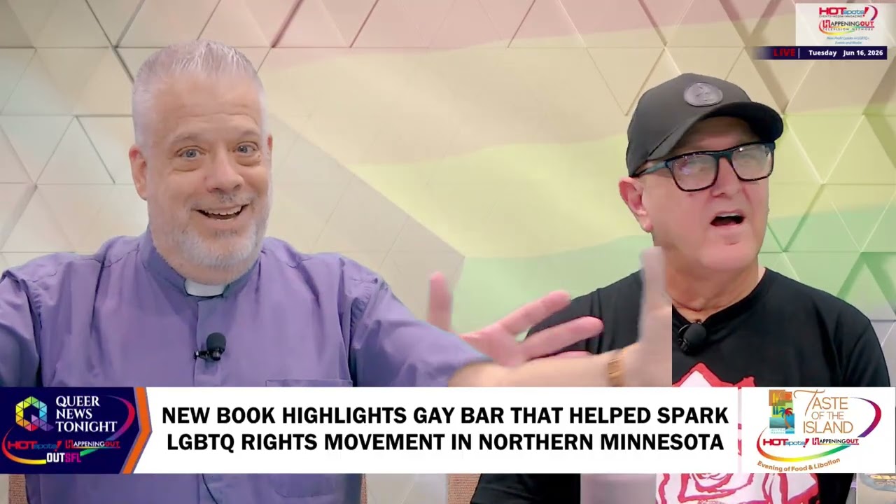 Two men host a TV segment in a colorful studio; a bold caption banner reads 'NEW BOOK HIGHLIGHTS GAY BAR THAT HELPED SPARK LGBTQ RIGHTS MOVEMENT IN NORTHERN MINNESOTA' with logos on the sides