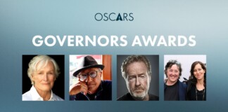 Oscars Governors Awards: blue gradient backdrop with the title and four portrait photos of honorees in a row beneath the header.