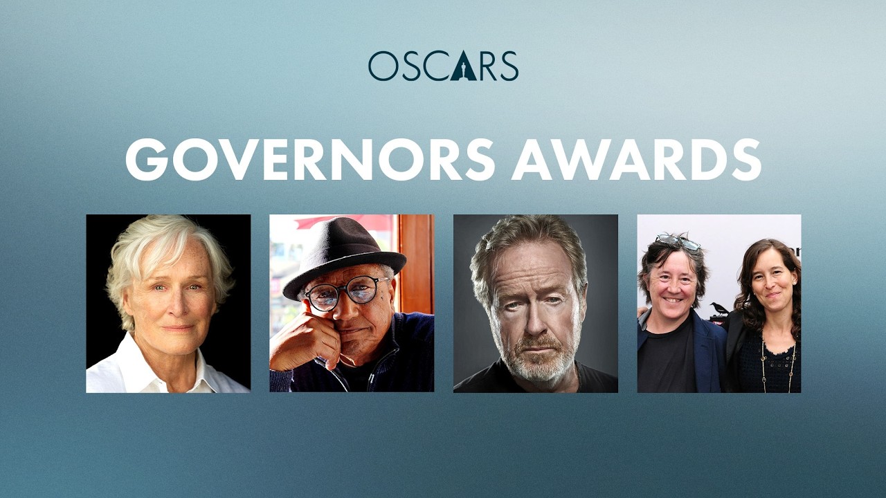 Oscars Governors Awards: blue gradient backdrop with the title and four portrait photos of honorees in a row beneath the header.