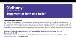 Bethany Christian Services' purple banner: 'Statement of faith and belief' dated June 2027, with a section on marriage design and scripture references.
