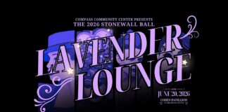Poster for The 2026 Stonewall Ball Lavender Lounge with lavender typography on a dark background