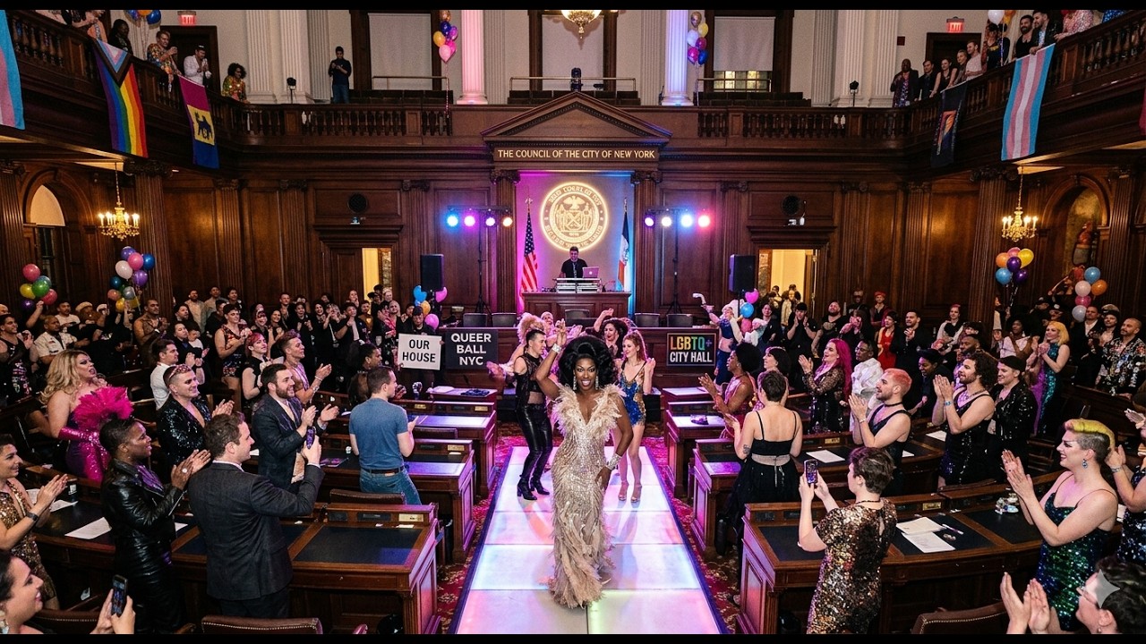 NYC Council Hosts First-Ever Pride Ball, Bringing Ballroom Culture to City Hall Drag queen in a glittering gown walks a runway inside a grand city hall chamber, surrounded by cheering attendees and Pride banners nearby.