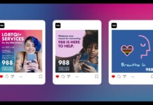 Three Instagram-style posts advertising the 988 Suicide & Crisis Lifeline on a blue‑pink gradient background; left and center feature people using phones with hotline text, right shows a blue graphic with a heart and 'Breathe In' message.