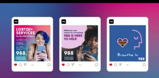 Three Instagram-style posts advertising the 988 Suicide & Crisis Lifeline on a blue‑pink gradient background; left and center feature people using phones with hotline text, right shows a blue graphic with a heart and 'Breathe In' message.