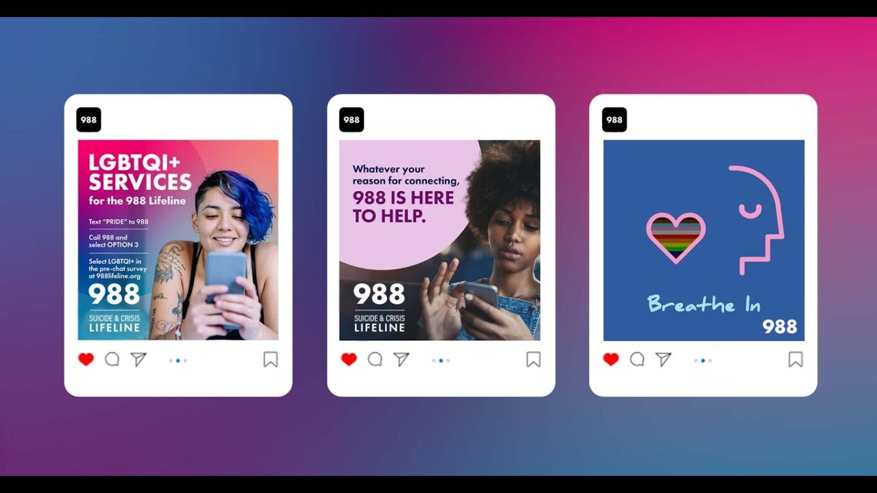 Trump Administration Moves to Restore LGBTQ+ Crisis Line, But With Trans Restrictions Three Instagram-style posts advertising the 988 Suicide & Crisis Lifeline on a blue‑pink gradient background; left and center feature people using phones with hotline text, right shows a blue graphic with a heart and 'Breathe In' message.