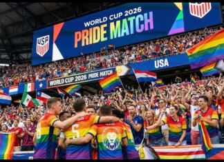 USA soccer players celebrate with arms around each other as fans wave rainbow flags at the World Cup 2026 Pride Match.