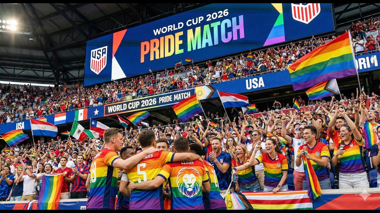 Red Cards and Rainbow Flags: World Cup Faces Severe LGBTQ+ Inclusion Test USA soccer players celebrate with arms around each other as fans wave rainbow flags at the World Cup 2026 Pride Match.