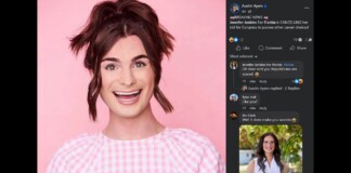 Portrait of a smiling woman with brown hair in a pink checkered shirt against a pink background, beside a Facebook post with comments and a small photo on the right.