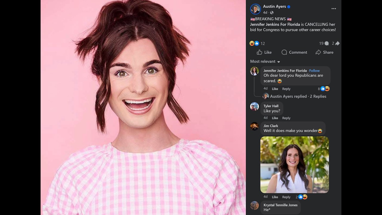 Portrait of a smiling woman with brown hair in a pink checkered shirt against a pink background, beside a Facebook post with comments and a small photo on the right.