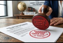 Close-up of a red stamp reading 'MARRIAGE BANNED UNDER AGE 18' pressed onto a legal form on a wooden table, with a hand nearby and office signage in the background (county clerk).