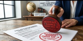Close-up of a red stamp reading 'MARRIAGE BANNED UNDER AGE 18' pressed onto a legal form on a wooden table, with a hand nearby and office signage in the background (county clerk).