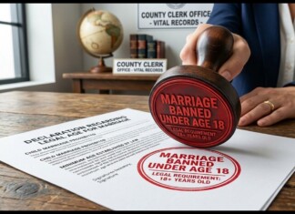 Close-up of a red stamp reading 'MARRIAGE BANNED UNDER AGE 18' pressed onto a legal form on a wooden table, with a hand nearby and office signage in the background (county clerk).