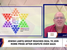 News broadcast: rainbow Star of David graphic on the left, anchor John Hayden on the right; headline about a Jewish LGBTQ group joining Rome Pride.