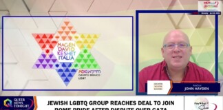 News broadcast: rainbow Star of David graphic on the left, anchor John Hayden on the right; headline about a Jewish LGBTQ group joining Rome Pride.
