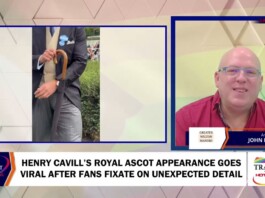 News broadcast screenshot about Henry Cavill’s Royal Ascot appearance; anchor on the right, left panel shows a man holding an umbrella in a suit.