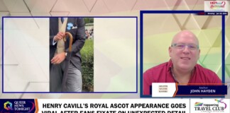 News broadcast screenshot about Henry Cavill’s Royal Ascot appearance; anchor on the right, left panel shows a man holding an umbrella in a suit.