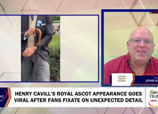 News broadcast screenshot about Henry Cavill’s Royal Ascot appearance; anchor on the right, left panel shows a man holding an umbrella in a suit.