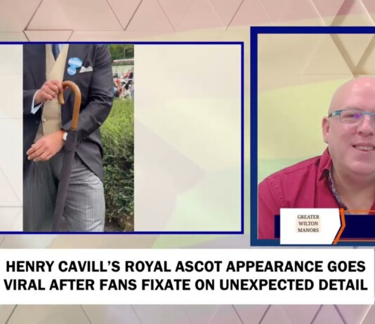 News broadcast screenshot about Henry Cavill’s Royal Ascot appearance; anchor on the right, left panel shows a man holding an umbrella in a suit.