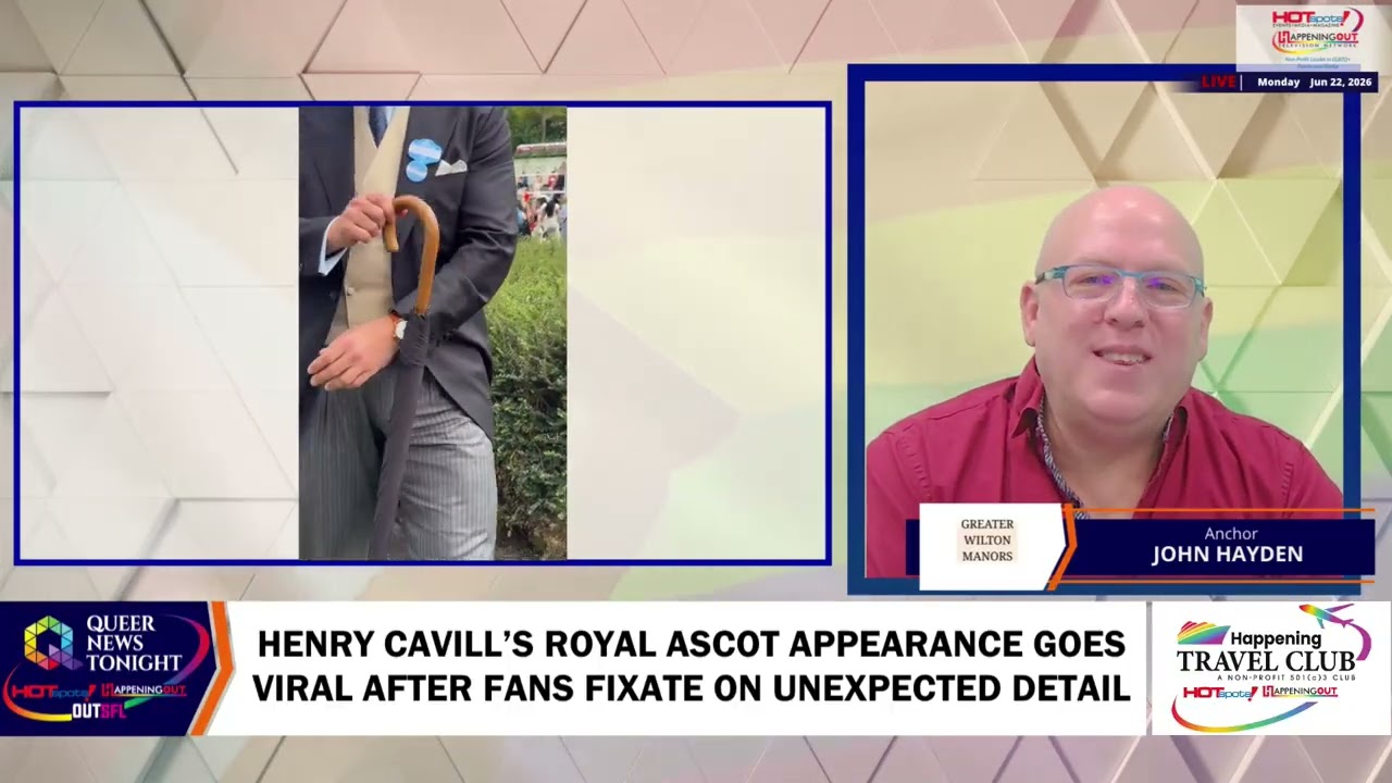News broadcast screenshot about Henry Cavill’s Royal Ascot appearance; anchor on the right, left panel shows a man holding an umbrella in a suit.