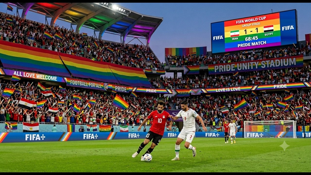 Soccer players contest the ball on a green pitch as a rainbow-filled crowd cheers in Pride Unity Stadium during the FIFA World Cup 1-1 Iran vs Egypt.