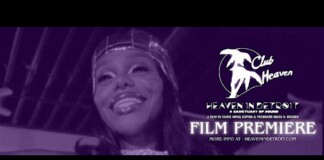 Promotional poster for Heaven in Detroit film premiere at Club Heaven, showing a smiling woman in a purple-toned photo. Includes the text 'FILM PREMIERE' and 'HEAVEN IN DETROIT'.