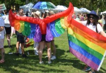 People at a Pride festival holding a large rainbow flag shaped like wings, smiling in a sunny park.