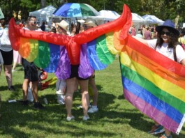 People at a Pride festival holding a large rainbow flag shaped like wings, smiling in a sunny park.