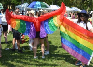 People at a Pride festival holding a large rainbow flag shaped like wings, smiling in a sunny park.