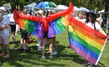 People at a Pride festival holding a large rainbow flag shaped like wings, smiling in a sunny park.