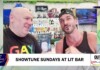 Two men sit at a bar counter laughing, with shelves of liquor behind them; bottom caption reads 'SHOWTUNE SUNDAYS AT LIT BAR'.